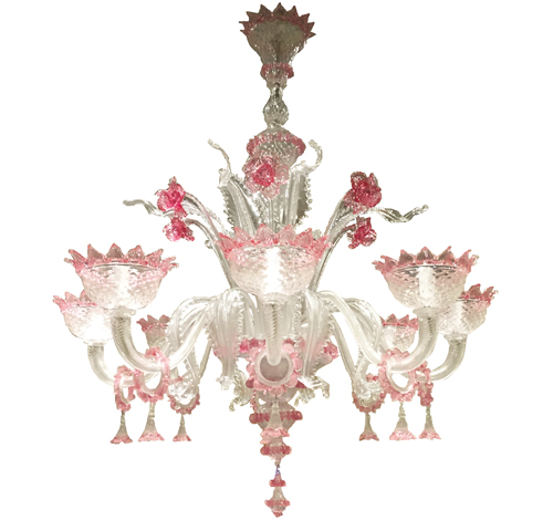 8 branches chandelier in Murano glass - Lustre 8 gl + anneaux cristal et rose