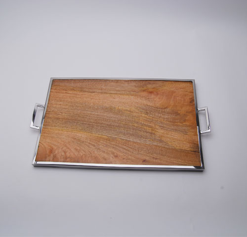 Stainless steel platter + mango wood - Plateau bois rectangle large 36x56cm